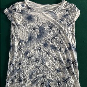 Gap Luxe Floral Print T-Shirt Womens Size L Short Sleeve Stretchy Top White Navy